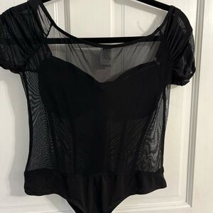 Windsor corset-like sweetheart neck black bodysuit with boning and mesh-small